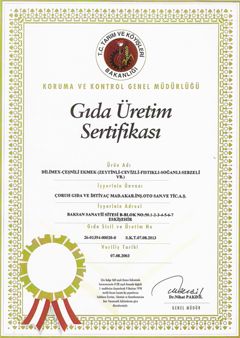 Dilimex Çeşnili Ekmek (Zeytinli, Cevizli, Fıstıklı, Soğanlı, Sebzeli vb.) Gıda Üretim Sertifikası