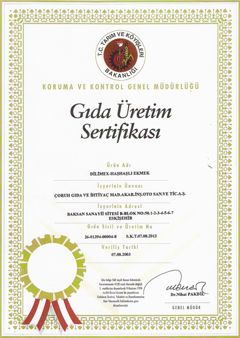Dilimex Haşhaşlı Ekmek Gıda Üretim Sertifikası